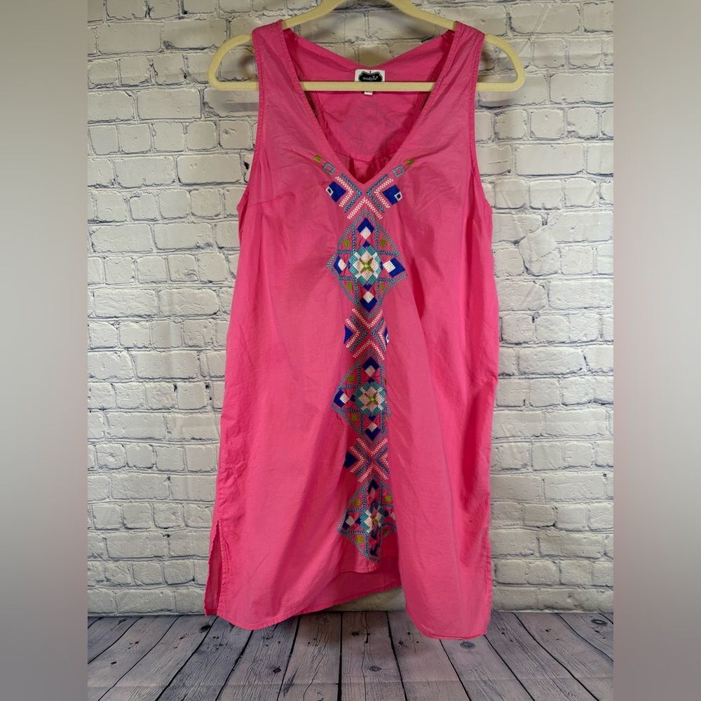 mudpie Safia Pink Embroidered Racerback Beach Vacation Cotton Cover Up Dress L